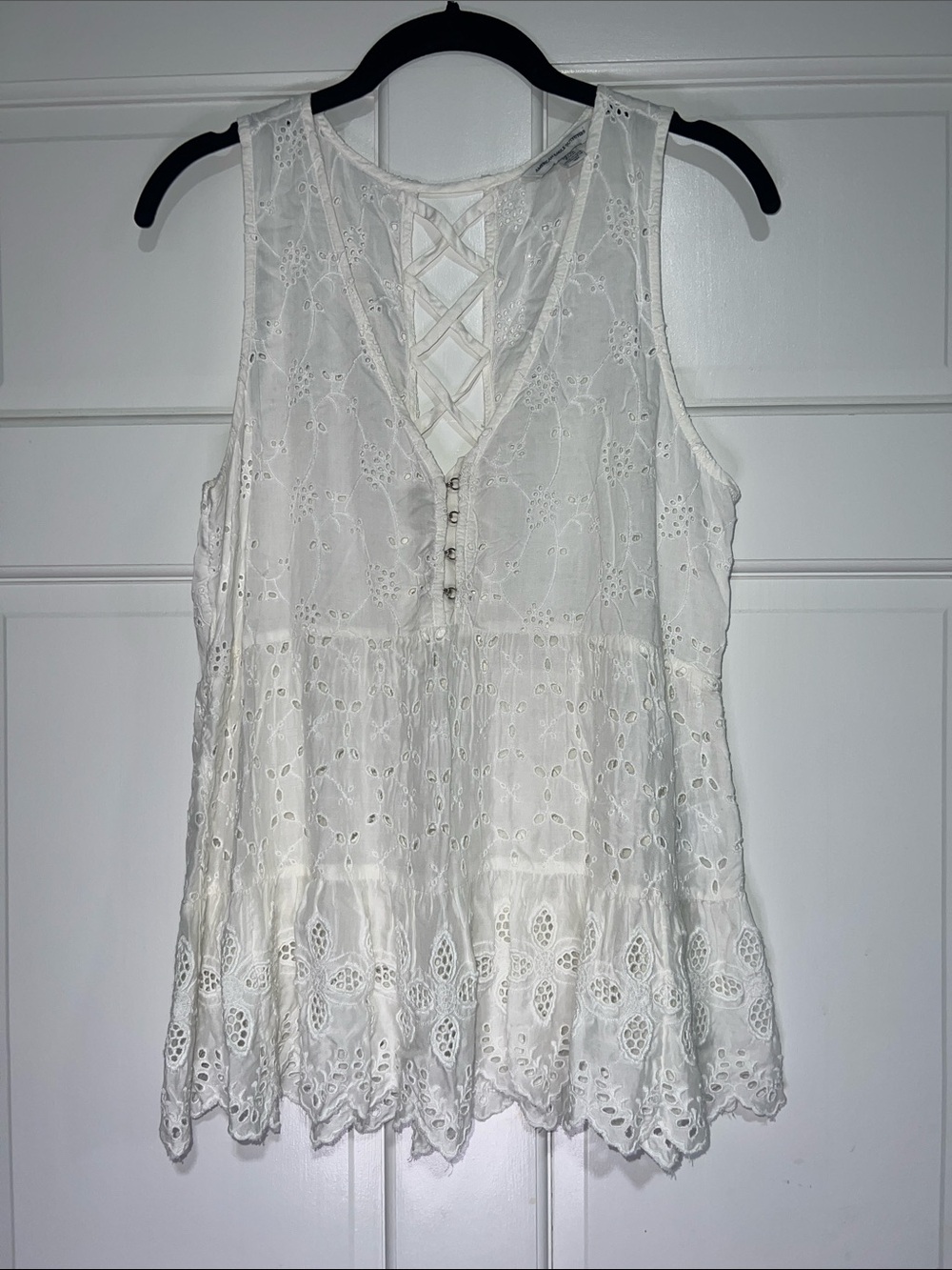 Women's White Eyelet Lace Sleeveless Blouse with Crisscross Back